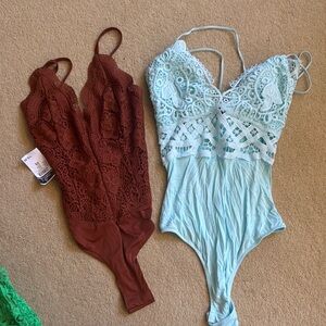 Lace Bodysuit Set in Blue and Brown